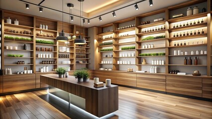 Modern cosmetic shop interior features sleek wooden shelves, minimalist decor, and elegant lighting, showcasing a