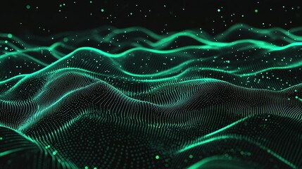 Abstract green wave patterns created by digital particles moving fluidly in a dark environment at night