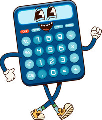 Poster - School education calculator groovy character. Isolated cartoon vector fun office supply personage with expressive eyes, walking happily ready for math lesson and calculation tasks with retro vibes