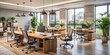 © Sirinporn - Modern ergonomic office furniture in a spacious, naturally lit workspace with sleek wooden desks, comfortable chairs,
