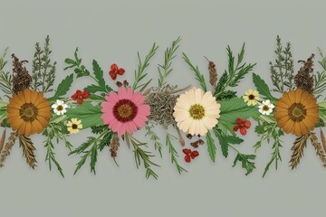 Wall Mural - Vintage Floral Seamless Border Frame with Dried Herbs and Flowers