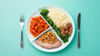 © Piya W. - Meal portion control, divided plate with balanced food, flat design illustration