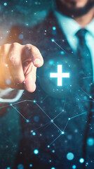 Aufkleber - Businessman pointing at a plus sign with network connections, representing expansion of business network