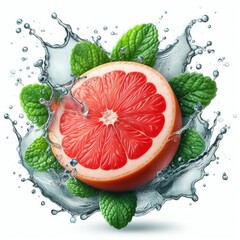 Grapefruit with mint and water splash isolated on white background