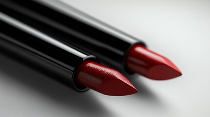 Two red lipsticks, close-up on a white background.