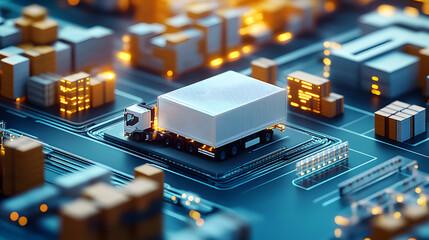 Isometric representation of interconnected smart warehouse network.