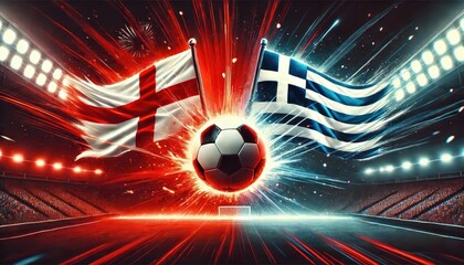 Wall Mural - England vs Greece Football Match with soccer ball and fireworks on the background of the soccer stadium, UEFA Nations League B, Group 2, Match Concept