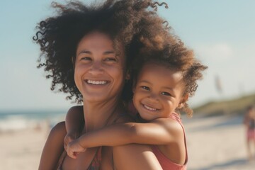 Poster - Black mom piggyback baby on a beach photography laughing portrait.