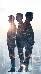 Wall Mural - Businessmen silhouettes and modern cityscape double exposure, concept of teamwork and corporate life