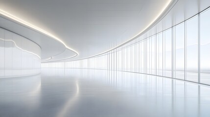 Wall Mural - Bright modern airport terminal featuring an expansive white interior and floor-to-ceiling windows, ensuring a spacious, minimalist design with natural light flooding in.