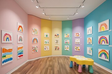 Playful Children's Art Display in a Colorful Pastel Rainbow Setting