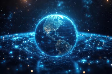 Wall Mural - planet earth enveloped in glowing digital network grid space backdrop with stars and galaxies concept of global connectivity internet coverage and advanced space technology