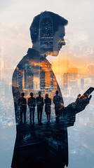Aufkleber - Business communication technology concept with double exposure of businessman using smartphone and cityscape with business people