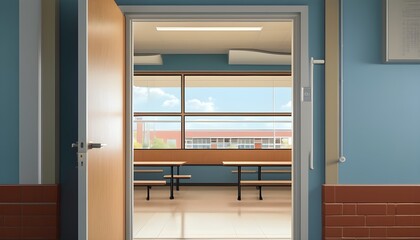 Wall Mural - View into a bustling school cafeteria through slightly ajar doors, capturing the energy and vibrancy of student life.