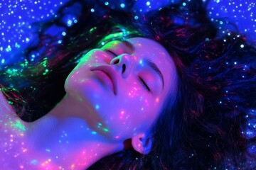 Wall Mural - a woman dreams with a background full of stars. picture of a beautiful girl imagining the future.