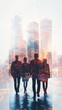 © Michael - Businesspeople silhouettes walking in modern city with double exposure effect, concept of teamwork and career