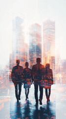 Poster - Businesspeople silhouettes walking in modern city with double exposure effect, concept of teamwork and career