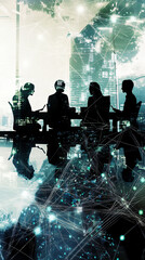 Aufkleber - Businesspeople in a modern office at night using wireless technology, captured in silhouette