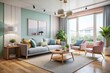 © Sirinporn - Modern minimalist living room with sleek furniture, pastel colors, and natural light, perfect for designing your ideal