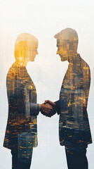 Poster - Businessman and businesswoman shaking hands with cityscape double exposure effect, deal and partnership concept