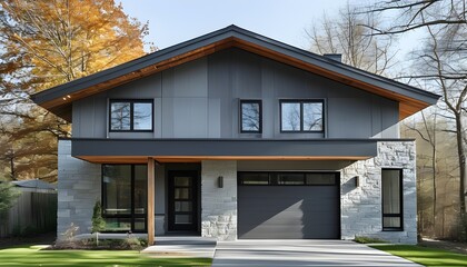 Wall Mural - Contemporary two-story gray house with gable roof, stone walls, wooden beams, and large windows, blending modern design with natural elements.