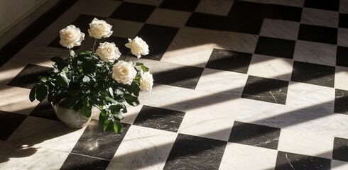 The perimeter of this funeral concept is adorned with white roses.