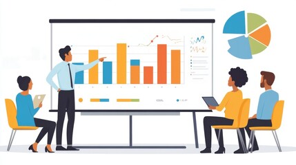 Aufkleber - A business meeting with a presenter pointing at a large bar chart on a projector screen, showing financial performance and growth trends to an audience