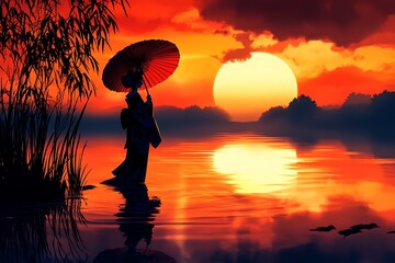 Poster - Silhouette of a woman with a traditional Japanese umbrella standing in a lake at sunset.