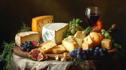 Wall Mural - Still Life with Cheese, Grapes, and Wine