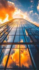 Fototapete - Low angle view of a modern glass skyscraper reflecting a dramatic sunset with orange clouds