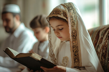 Canvas Print - Family Prayer at Home During Rosh Hashanah in Traditional Attire  