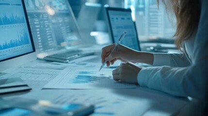 Poster - A close-up of a financial analyst reviewing a line graph with detailed metrics and annotations, surrounded by documents and financial tools.