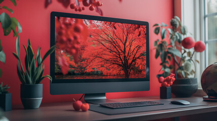 Wall Mural - a computer monitor is on a desk with a red wall behind it. the monitor is displaying a picture of a 