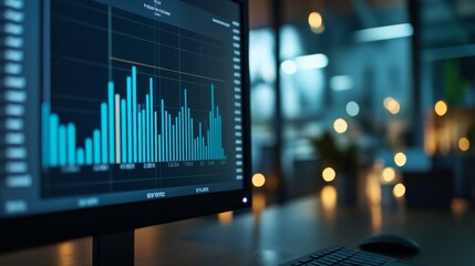 Fototapete - A close-up of a financial bar chart displayed on a computer screen, showing various data points and trends, with a modern office environment in the background.