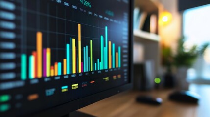 Fototapete - A close-up of a financial bar chart on a computer screen, showing different data categories with colorful bars, set in a modern office environment.