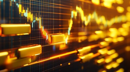 Aufkleber - A close-up of a gold price chart displayed on a computer screen, showing fluctuating data and trends with gold bars in the background, emphasizing market analysis.