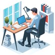 © Robiul - A man working with laptop at desk in flat isometric vector illustration
