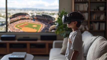 Show an Asian boy playing a virtual baseball game in his living room, the VR environment bringing a stadium to life around him