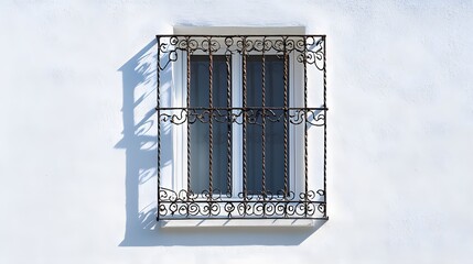 Wall Mural - White ornate window with decorative metal bars, exhibiting geometric patterns on a pure white wall, with sunlight casting subtle shadows in a minimalist architectural scene.