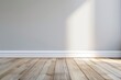 © Marina Demidiuk - Simple minimalistic empty room with wooden floor, gray beige wall and white baseboard. Suitable for various projects, concepts. Design for displaying product. Modern minimalist interior. Copy Space