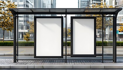 Minimalistic outdoor bus stop poster mockup with clean white backdrop against an urban landscape for effective advertising and promotional displays