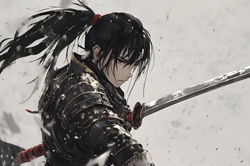 Wall Mural - Anime Samurai Warrior Holding a Sword with a Determined Expression.