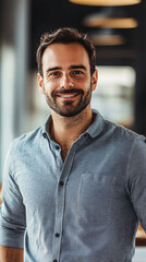 Wall Mural - Smiling young professional man exudes confidence and success in a modern office, embodying the qualities of a successful businessman