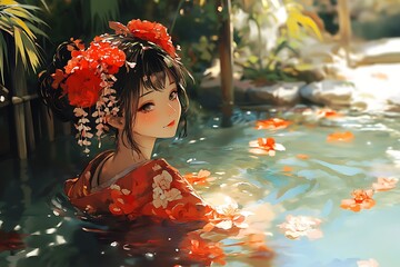 Sticker - Beautiful Anime Girl in a Floral Kimono Relaxing in a Japanese Hot Spring.