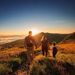 family hiking in the hills at sunset