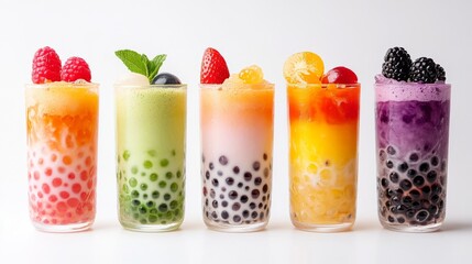 A colorful array of bubble tea drinks in various flavors, such as matcha, fruit, and classic milk tea, each with pearls and vibrant colors, set against a clean white background.