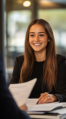 Wall Mural - Young businesswoman is smiling during a meeting with a colleague, holding documents and a pen