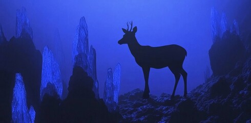 Wall Mural - the scene shows a night view with an abstract landscape, neon blue light, a big moon, a deer on top,