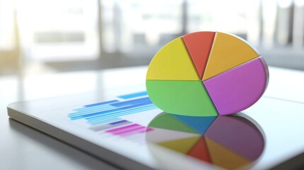 Aufkleber - A colorful pie chart displayed on a digital tablet, illustrating market share percentages, set against a clean, professional workspace.
