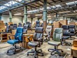 © Sirinporn - Pre-owned office chairs, desks, and filing cabinets gathered in a warehouse, awaiting refurbishment, showcasing a mix
